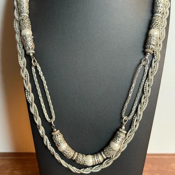 Silver Tone Chain and Faux Pearl layered Necklace with Organic Design - Picture 3 of 15